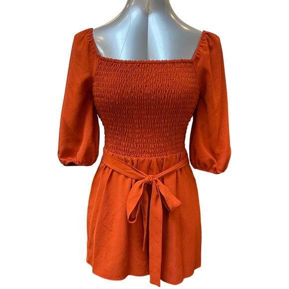 NWT BCBGeneration Short Sleeve Smocked Belted Romper Women's Size Small Orange - Picture 1 of 6